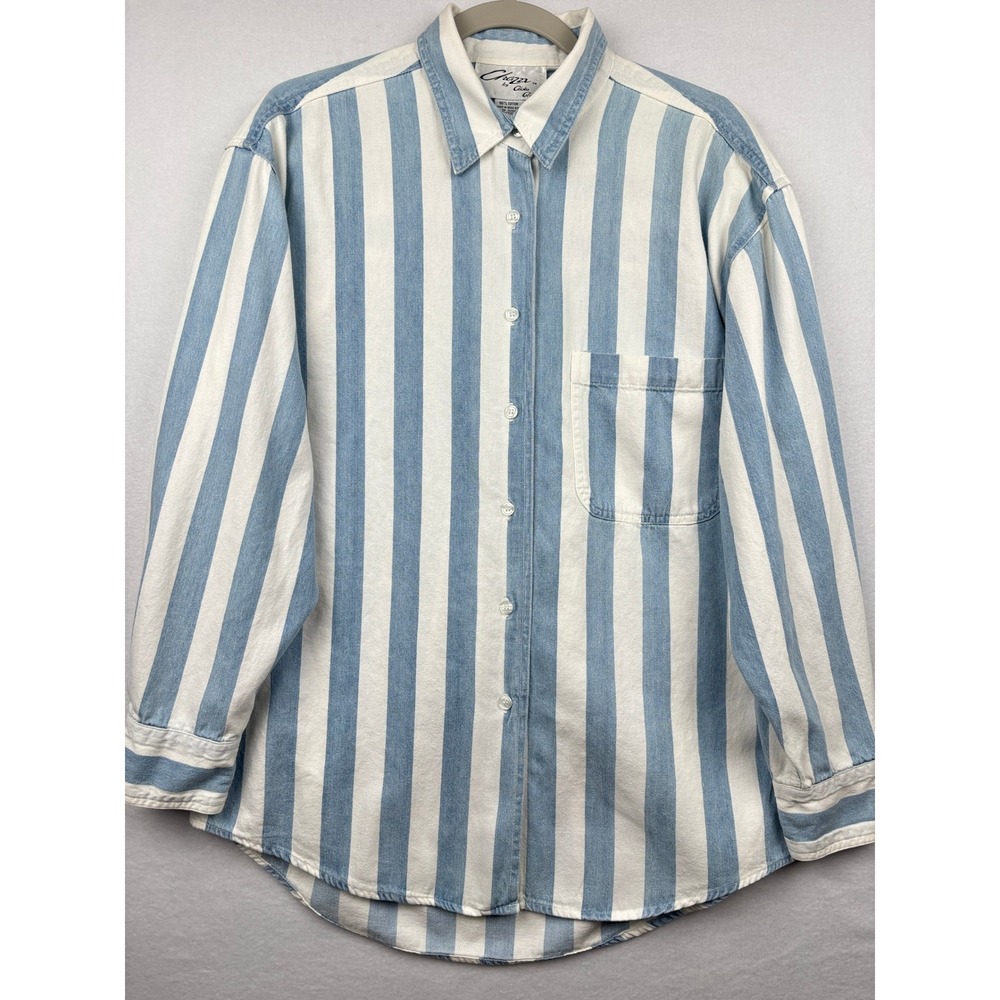 Vintage Chazz Mens Medium Striped Denim Button Down Shirt Long Sleeve